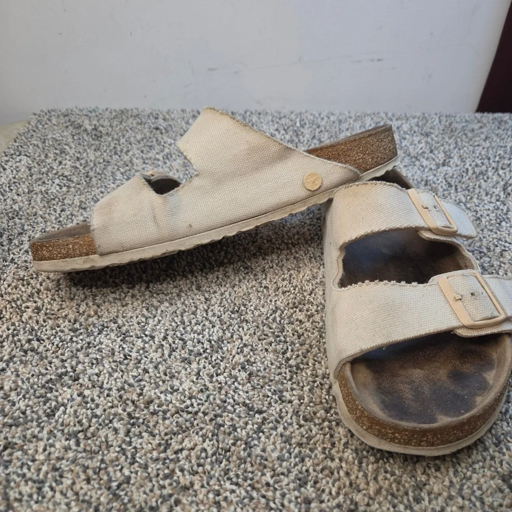 Birkenstock‎ Arizona Canvas Sandals Cream Off White Two Strap Slides Mens 9 L11